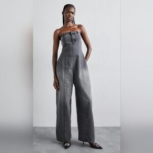 Gray Strapless Denim Jumpsuit